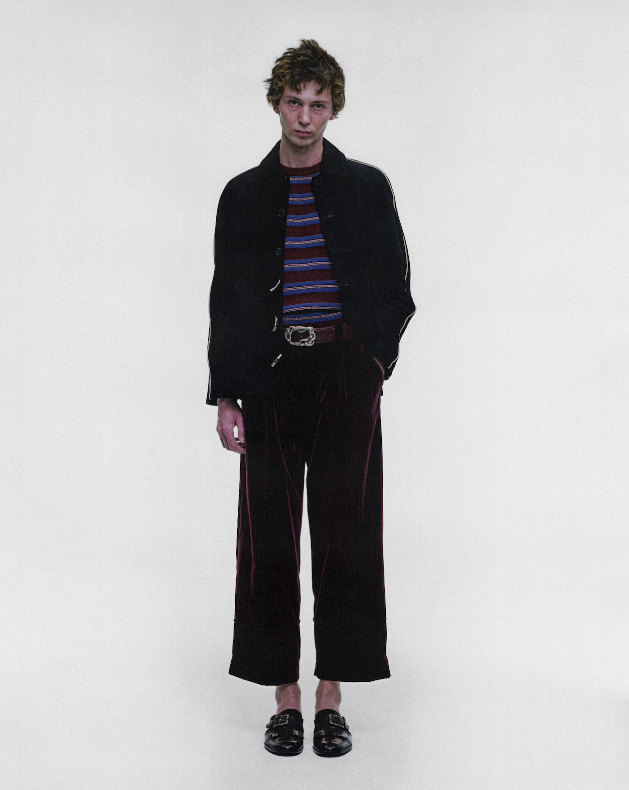 VELVET STRIPE CARROT LEG TROUSERS