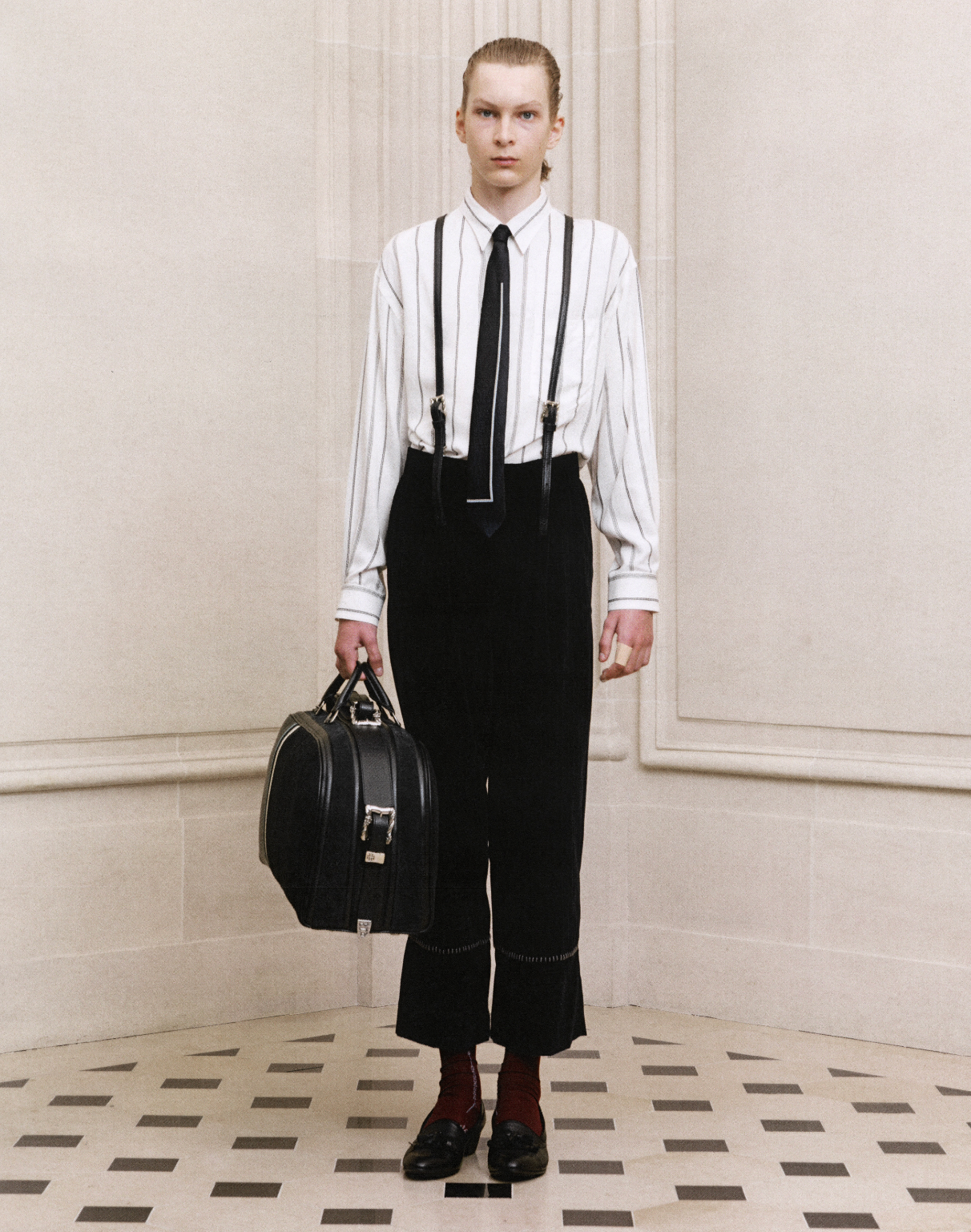 VELVET STRIPE CARROT LEG TROUSERS